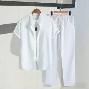 Men’s Smart Casual Woven 100% Polyester Short Sleeved Shirt and Pants Solid Color Stand Up Collar Suit for Spring Outdoor Sports