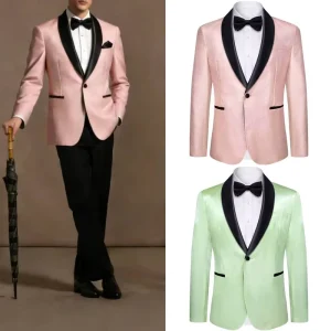 Men’s Soft Pink & Mint Green Single Breasted Tuxedo Jacket Satin Lapel Formal Blazer for Wedding Party Prom