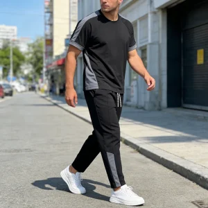 Men’s Solid Color Breathable Short Sleeved T Shirt Long Pants 2 Pieces Set Tracksuit Gym Running Wear
