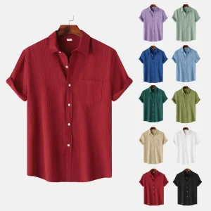Men’s Solid Color Lapel Short Sleeve Casual Shirt