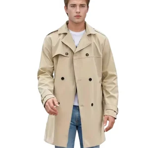 Men’s Solid Color Long Sleeve Trench Coat Lapel Slim Fit Double Breasted