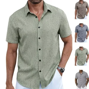 Men’s Solid Color Short-Sleeved Lapel Shirt, Loose, Breathable, Business Casual