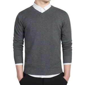 Men’s Solid Color V Neck Knit Long Sleeve Sweater Spring and Autumn Pullover Knitwear