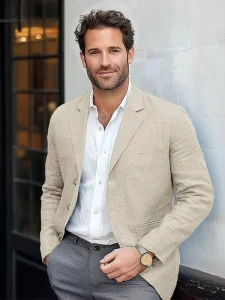 Men’s Solid Cotton Linen Single Breasted Blazer Slim Fit Retro Casual Business Lightweight Office Suit Coat