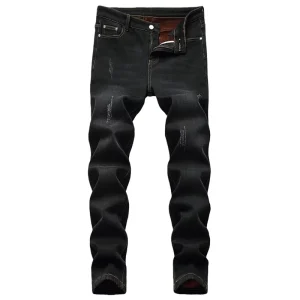 Men’s Solid Mid Straight Elastic Jeans Distressed Denim Casual Winter Washed