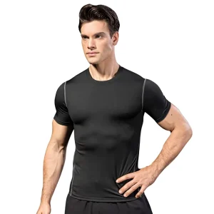 Men’s Solid Tight Training Fitness Running Short sleeved Polyester Stretch Quick drying Sportswear T shirt 1003
