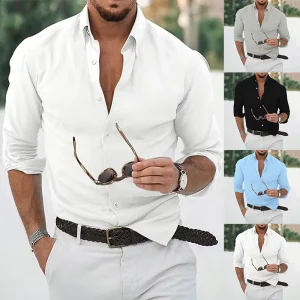 Men’s Solid and Linen Autumn Lapel Long Sleeve Shirt Youth Casual Fit Shirt Men