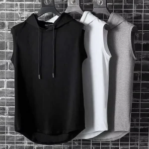 Men’s Sportswear Casual T-shirt Solid Color Hooded Sweatshirt Lace up T-shirt Hip-hop Men’s Sleeveless Vest Top