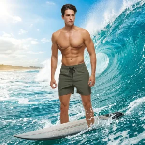 Men’s Sporty Canvas Swim Shorts Mid Waist Elastic Waist Pockets Stretch Trunks Quick Dry Waterproof Eco-Friendly Solid