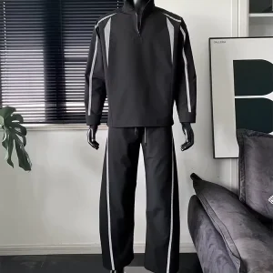Men’s Sporty Tracksuit Breathable Reflective Tech Fleece Zipper Hoodie Flare Sweatpants 100% Cotton Set