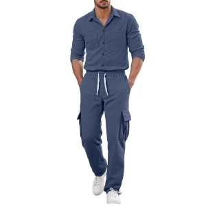Men’s Spring Autumn Casual Sports Lapel Cardigan Long Sleeved Two Piece Set Loose Corduroy Workwear Set