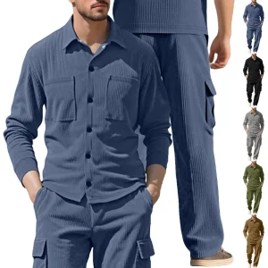 Men’s Spring Autumn Casual Sports Lapel Cardigan Long Sleeved Two-piece Set Loose Corduroy Workwear Set