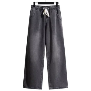 Men’s Spring Autumn Flannel Pants Loose Wide Leg Casual Jeans Denim Mid Waist Straight Style Medium Wash High Street Design