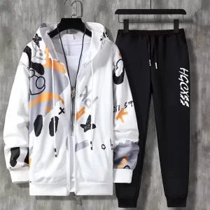 Men’s Spring Autumn Hooded Sweatshirt Set Long Sleeve Bear Zip-Up Printed Jacket & Pants Casual Sportswear for Teenagers