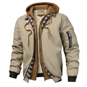 Men’s Spring Autumn Winter Jacket Quilted Cotton Hoodie Fake Two Piece Collar Loose Coat