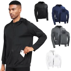Men’s Spring Fitness Hoodie Full Zipper Lightweight Sports Jacket Breathable Windproof Quick Drying Sweat Absorbent Long Sleeved