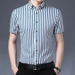 Men’s Spring Slim Fit Anti-Wrinkle Breathable Striped Elastic Short Sleeve Shirts