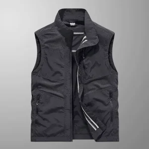 Men’s Spring Thin Zipper Vest Outdoor Workwear Stand Collar Loose-Fitting Breathable 100% Polyester No-Iron Fishing Casual