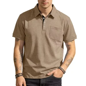 Men’s Spring and Summer Button Down Pocket Solid Color Business Casual Loose Short Sleeve Polo Shirt