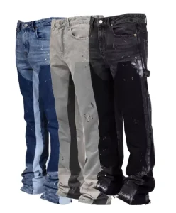 Men’s Stacked Flared Pants Hand painted Black Contrast Color Spliced Casual Denim Outwear Jeans