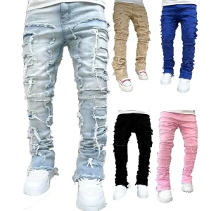 Men’s Stacked Skinny Jeans Y2K Harajuku Style Ripped Denim Pants with High Waist