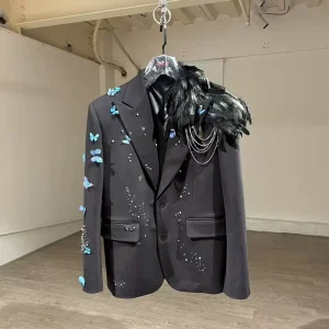 Men’s Stage Blazer with Feather Embellishment Blue Butterfly Crystals