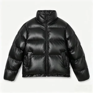 Men’s Stand Collar Puffer Jacket High Neck Zip Closure Slant Pocket Warm Winter Coat Outer High Quality Eco Leather