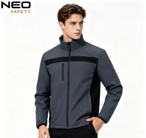 Men’s Stand Collar Softshell Jacket Grey Black Contrast Chest Stripe Wind Resistant Workshop Outerwear