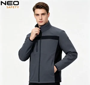 Men’s Stand Collar Softshell Jacket Grey Black Horizontal Panel All Weather Workwear