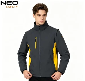 Men’s Stand Collar Softshell Jacket Grey Yellow Color Block All Weather Work Coat Utility Wear Men Uniform