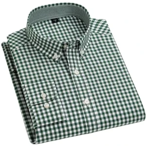 Men’s Stand Fit Plaid Dress Cotton Formal Shirts Long Sleeve Breathable Shirt