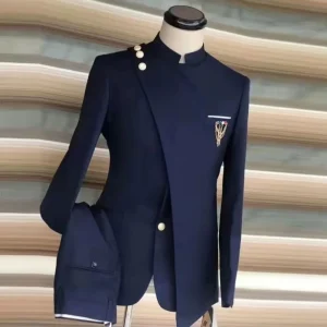 Men’s Standing Collar Solid Color Asymmetric Decoration 2 Piece Business Banquet Cocktail Suit Fashion