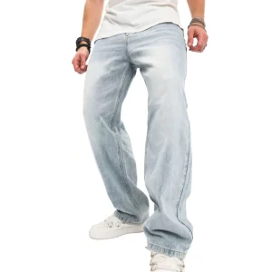 Men’s Stonewashed Straight Vintage Winter Jeans Blue Loose Fit Distressed Denim Wild Leg Pants Straight Jean