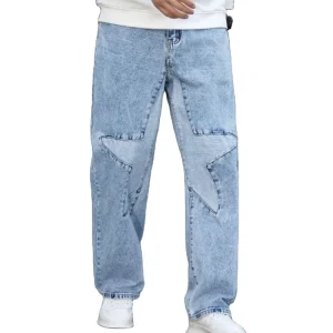 Men’s Straight High Waist Baggy Jeans Loose Fit Slant Pocket Blue Cotton Star Pattern Patches Cargo Denim Pants