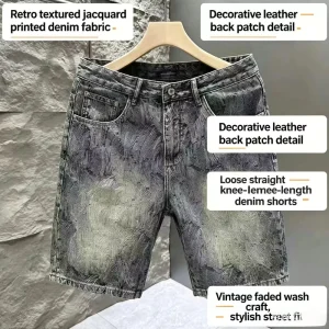 Men’s Straight Loose Mid Waist Fashionable Washed Jacquard Denim Shorts Summer Streetwear American Style Retro Puppies Handsome