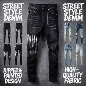 Men’s Straight Organic Cotton Denim Jeans Black Pleated Fabric Ripped Look Mid Waist Formal Style for Spring