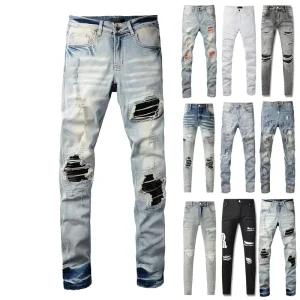 Men’s Straight Waist Distressed Washed Embroidery Streetwear Print Button Pants Casual High-Street Autumn Jeans