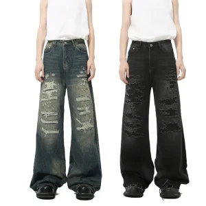 Men’s Straight-leg Distressed Denim Jeans Spring Autumn Winter Lightweight Mid Waist Streetwear