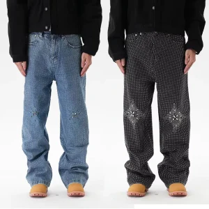 Men’s Straight-leg Jeans American-style Vintage Jeans Rhinestone Polka Dot Trendy Hip-hop Cotton Denim Pants