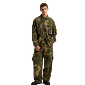 Men’s Street Retro Style Washed Distressed Camo Loose Straight Pleated Front Cargo Pants Oversized Breathable Outdoor High