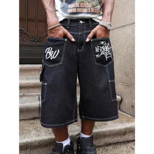 Men’s Street Style Printed Denim Shorts Custom Logo Graphic Jean Shorts Men Baggy Jeans Shorts Jorts