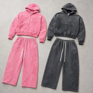 Men’s Streetwear Heavyweight Cotton Tracksuits Vintage 3D Embossed Hoodies and Sweatpants 2PC Set
