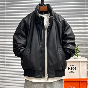 Men’s Streetwear Motorcycle Style PU Leather Bomber Jacket Stand Collar Short White Duck Filling Winter Coat Heart