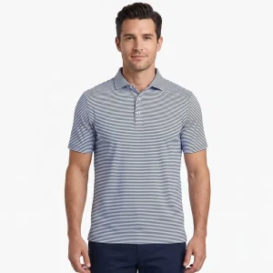 Men’s Striped Short Sleeve Stretch Blend Performance Polo Button Placket Breathable Quick Dry Business Casual Golf Polo Shirt