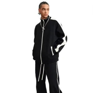 Men’s Striped Zip Up Track Jacket Stand Collar Casual Sportswear Jacket with Side Pockets