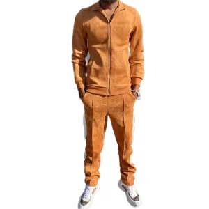 Men’s Suede Jacket and Pants Tracksuit 2 Piece Set Full Zip Casual Athletic Outfit Side Stripe Slim Fit Jogging Sportswear