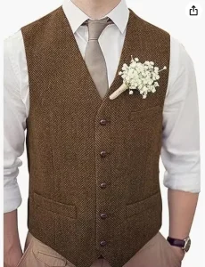 Men’s Suit Vest Retro Slim Fit Herringbone Waistcoat Casual Business Professional Groomsman Formal Wear Vest