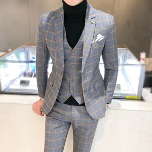 Men’s Suits 3 Pieces Set Dress Blazers Pants Vest Set Male Wedding Fall Business Formal Plaid Suit Slim Fit Coat