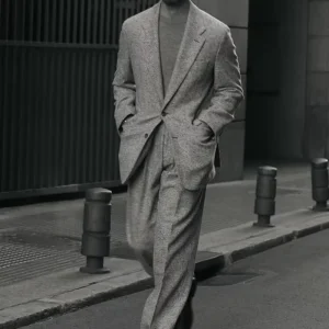 Mens Suits Italian Style Herringbone Wool 360g Suit VBC Flannel Fabric Wide Leg Trousers Half Canvas Double Breasted Jacket