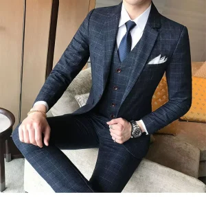 Men’s Suits Slender Plaid Suit Three Pieces Casual Fashion City Business Men’s Suit